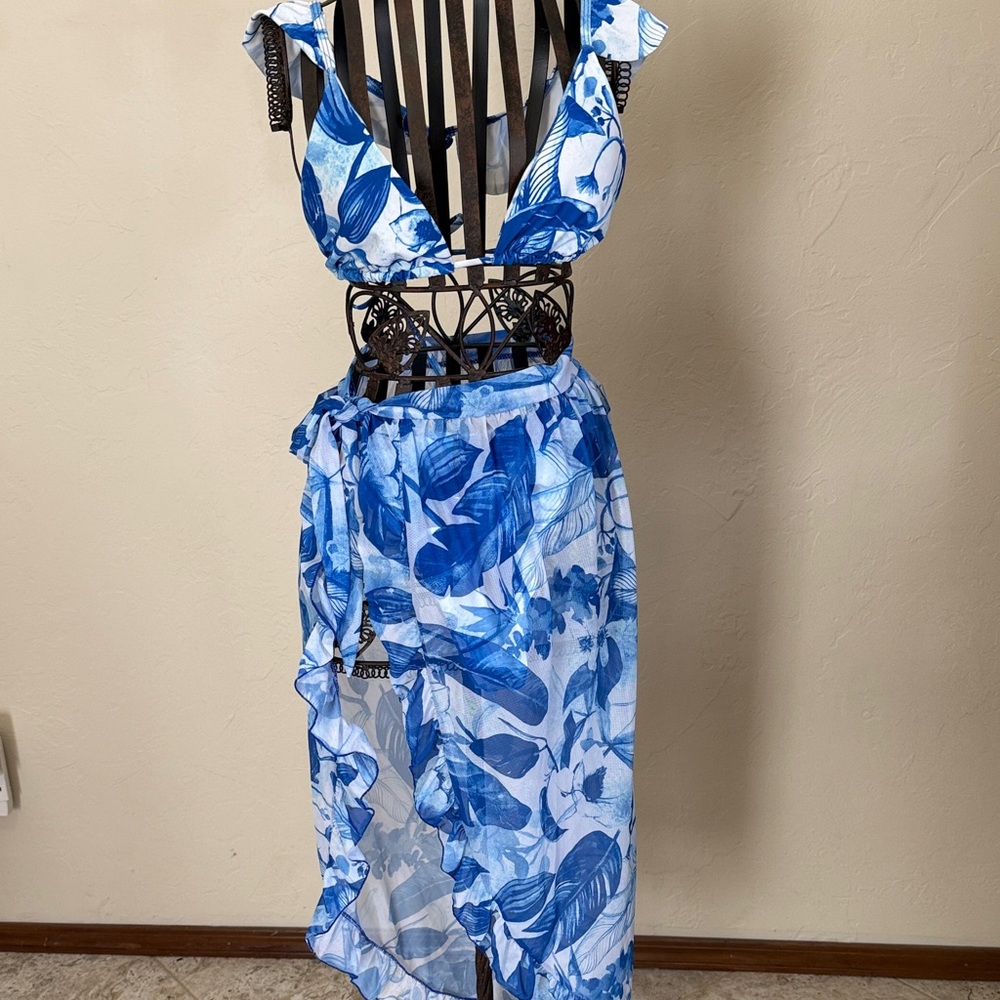 Blue Floral Three Piece Swimsuit Set